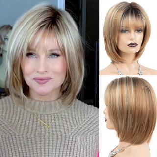 Womens Fashion Bob Wig Short Blonde Bob Wigs Black Roots Heat Resistant Synthetic Ombre Bob Hair Fancy Dress Party Wig for Women ALODIA STORE