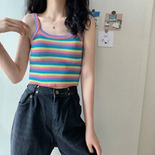 Crop Ribbed Cami Y2k Knitted Tank Fashion Vintage Sleeveless Halter Ropa De Mujer Croptop Streetwear Moto Biker Pink Korean Top ALODIA STORE
