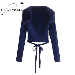 Artificial Fur CropTops Furry Fall Female Crop for Women V Neck Knit Sweater Y2k Long Sleeve New In Pullovers Traf Winter 2022 ALODIA STORE