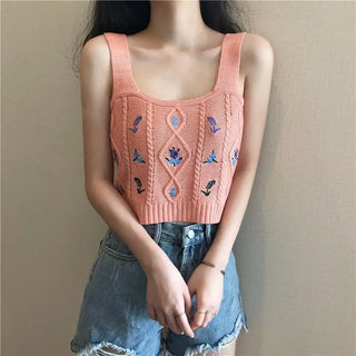 Flowers Embroidery Suspender Korean V-Neck Knitting Sweet Elastic Vintage Students Cute Summer Women Knot CropTops ALODIA STORE