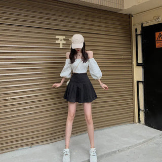 Off Shoulder Woman Tshirts French Puff Sleeve Short Croptop Korean Belly Button Exposed Sexy Shirt Summer Vintage Soild Y2k Tops ALODIA STORE
