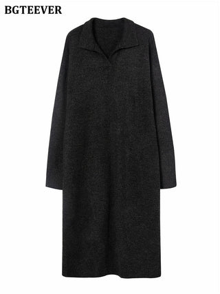 BGTEEVER Casual Thicken Warm Loose Sweater Dress Women Autumn Winter Lapel Full Sleeve Solid Long Knitted Dress Female vestidos ALODIA STORE