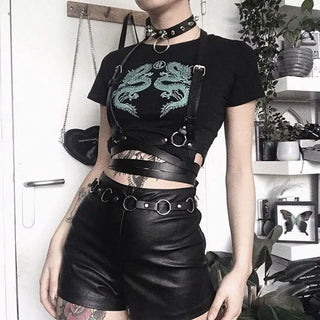 Women Gothic Crop Top Summer Sexy T Shirt Japanese Harajuku Tee Goth Croptop Black Short Sleeve Clothes Dragon Print ALODIA STORE