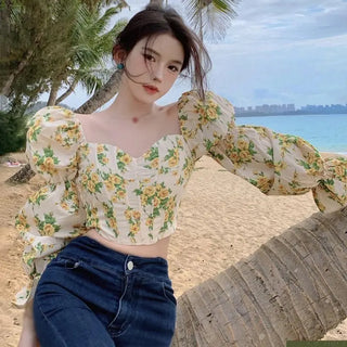 Women Floral Puff Sleeve Croptops Slim Fit Korean Tops Casual TShirts Tees Ruffles Chiffon Blouse Tops ALODIA STORE
