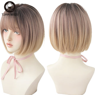 7JHH WIGS Short Bob Straight Ombre Blonde Wigs With Bang For Girl Black Female Synthetic Shoulder Length Crochet Hair Ginger Wig ALODIA STORE