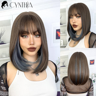 Green Short Bob Hair Synthetic Wig For Woman With Bangs Blonde Ombre Pink Cosplay Lolita Party Heat Resistant Daily Natural Hair ALODIA STORE