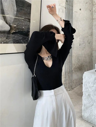 Women's Long Sleeve Black Croptop Knitted Sweater Sexy Party Slim Shirt Cropped Tops Korean Fashion Elegant Office Ladies ALODIA STORE