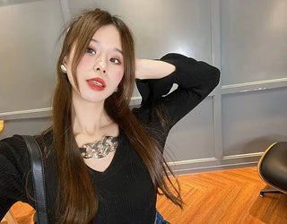 Women's Long Sleeve Black Croptop Knitted Sweater Sexy Party Slim Shirt Cropped Tops Korean Fashion Elegant Office Ladies ALODIA STORE