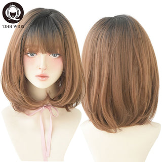 7JHH WIGS Short Bob Straight Ombre Blonde Wigs With Bang For Girl Black Female Synthetic Shoulder Length Crochet Hair Ginger Wig ALODIA STORE