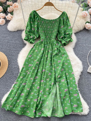 YuooMuoo Romantic Floral Print Split Long Summer Dress Puff Sleeve Party Korean style ALODIA STORE