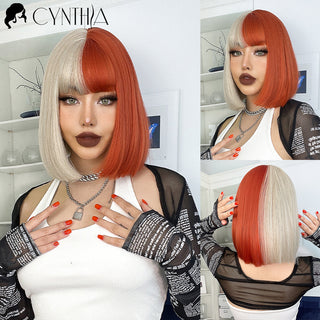 Green Short Bob Hair Synthetic Wig For Woman With Bangs Blonde Ombre Pink Cosplay Lolita Party Heat Resistant Daily Natural Hair ALODIA STORE