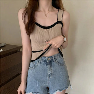 Fashion Summer Halter Off Shoulder Knitted Korean Sport Tank Crop Ribber Y2k Ropa De Mujer Croptop Cami Button Patchwork Ins Top ALODIA STORE