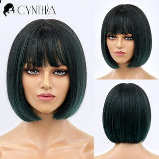 Green Short Bob Hair Synthetic Wig For Woman With Bangs Blonde Ombre Pink Cosplay Lolita Party Heat Resistant Daily Natural Hair ALODIA STORE