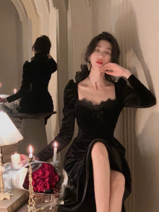 2022 Autumn Slim Black Velvet Dress Casual Korean Fashion ALODIA STORE