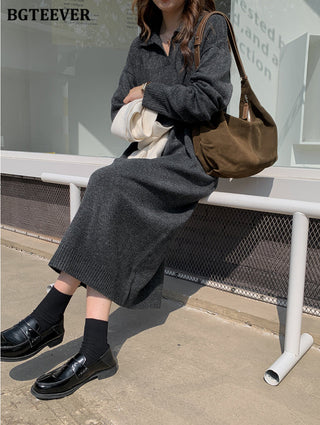 BGTEEVER Casual Thicken Warm Loose Sweater Dress Women Autumn Winter Lapel Full Sleeve Solid Long Knitted Dress Female vestidos ALODIA STORE