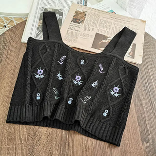 Flowers Embroidery Suspender Korean V-Neck Knitting Sweet Elastic Vintage Students Cute Summer Women Knot CropTops ALODIA STORE