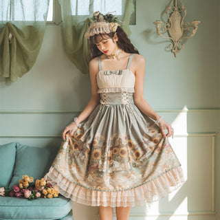 Japanese Sweet Kawaii Jsk Lolita Dress Women Vintage Victorian Sunflower Story Jsk Cartoon Summer Bow Fresh Tea Party Dresses ALODIA STORE