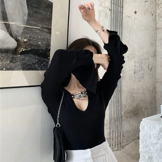 Women's Long Sleeve Black Croptop Knitted Sweater Sexy Party Slim Shirt Cropped Tops Korean Fashion Elegant Office Ladies ALODIA STORE