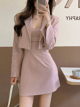 Autumn Pink Two Piece Dress Set Women Blazer Coat+Strap Dress Set Female Casual Korean Fashion ALODIA STORE