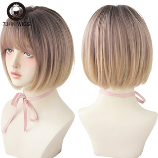 7JHH WIGS Short Bob Straight Ombre Blonde Wigs With Bang For Girl Black Female Synthetic Shoulder Length Crochet Hair Ginger Wig ALODIA STORE