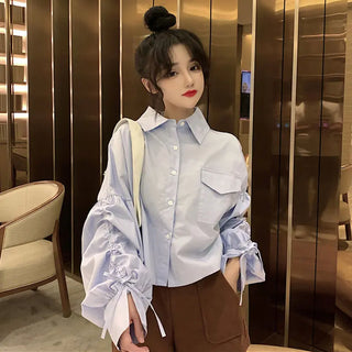 2022 Long Sleeve Cropped Shirt for Women Blouse Spring Summer Cardigan Tops Y2k Clothing Korean Fashion Casual Button Up Croptop ALODIA STORE