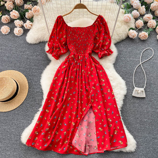 YuooMuoo Romantic Floral Print Split Long Summer Dress Puff Sleeve Party Korean style ALODIA STORE