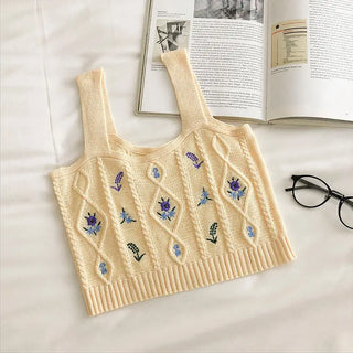 Flowers Embroidery Suspender Korean V-Neck Knitting Sweet Elastic Vintage Students Cute Summer Women Knot CropTops ALODIA STORE