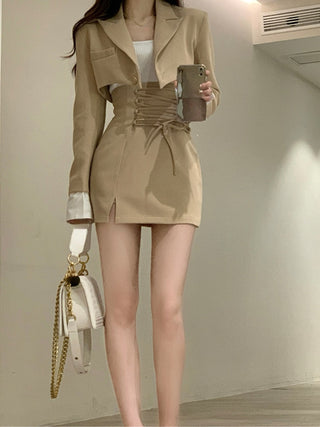 2 Piece Dress Set Women Casual Y2k Crop Tops Elegant Jacket Coats + Mini Skirts Korean Fahion ALODIA STORE
