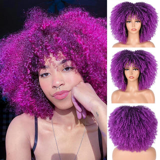 Short Afro Kinky Curly Wig With Bangs For Black Women Cosplay Lolita Natural Hair Ombre Mixed Brown Synthetic African Wigs ALODIA STORE