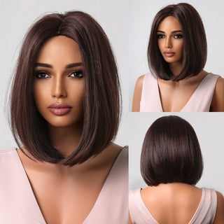 Pelucas sintéticas cortas y rectas para mujeres, cabello falso resistente al calor, Rubio a marrón, Ombre, Bob con flequillo, fiesta de Cosplay diaria ALODIA STORE