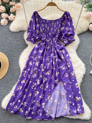 YuooMuoo Romantic Floral Print Split Long Summer Dress Puff Sleeve Party Korean style ALODIA STORE