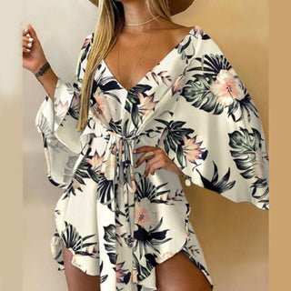 Casual Leaf Leopard Print Harajuku Batwing Sleeve Dress Lady Elegant Lace-Up Irregular Party Dress Sexy V-Neck Women Mini Dress ALODIA STORE