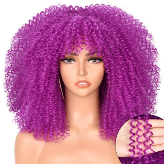16''Short Hair Afro Kinky Curly Wig With Bangs For Black Women Cosplay Lolita Synthetic Natural Glueless Brown Mixed Blonde Wigs ALODIA STORE