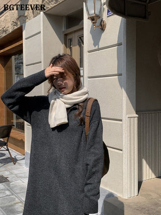 BGTEEVER Casual Thicken Warm Loose Sweater Dress Women Autumn Winter Lapel Full Sleeve Solid Long Knitted Dress Female vestidos ALODIA STORE