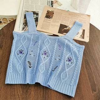 Flowers Embroidery Suspender Korean V-Neck Knitting Sweet Elastic Vintage Students Cute Summer Women Knot CropTops ALODIA STORE