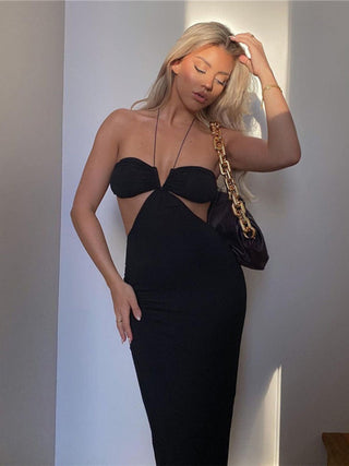 Cryptographic 2023 Summer Spaghetti Strap Halter Sexy Backless Maxi Dress Elegant Bandage Sleeveless Club Party Dresses Bodycon ALODIA STORE