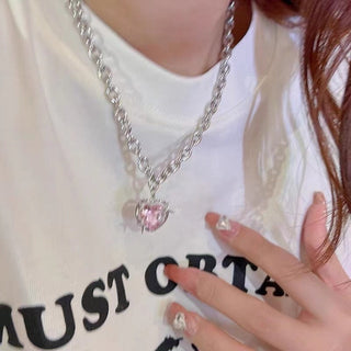 Y2K Accessories Fashion Peach Heart Water Drop Pendant Necklace Pink Crystal Egirl Sweet Cool Clavicle Chain Aesthetic Jewelry ALODIA STORE