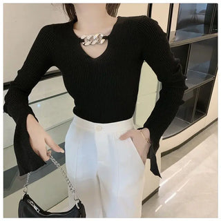 Women's Long Sleeve Black Croptop Knitted Sweater Sexy Party Slim Shirt Cropped Tops Korean Fashion Elegant Office Ladies ALODIA STORE