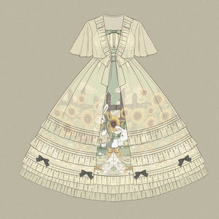 Japanese Sweet Kawaii Jsk Lolita Dress Women Vintage Victorian Sunflower Story Jsk Cartoon Summer Bow Fresh Tea Party Dresses ALODIA STORE