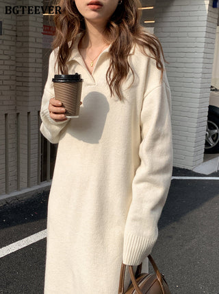 BGTEEVER Casual Thicken Warm Loose Sweater Dress Women Autumn Winter Lapel Full Sleeve Solid Long Knitted Dress Female vestidos ALODIA STORE
