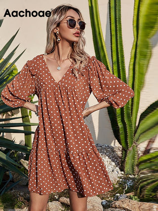 Aachoae Women Casual Loose Polka Dot Dress V Neck Pleated Chiffon Dress Lantern Half Sleeve Mini Beach Dress Summer Robe Femme ALODIA STORE