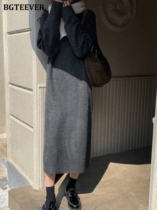 BGTEEVER Casual Thicken Warm Loose Sweater Dress Women Autumn Winter Lapel Full Sleeve Solid Long Knitted Dress Female vestidos ALODIA STORE