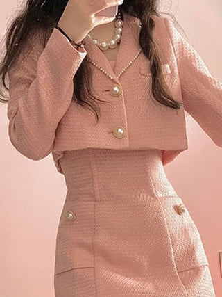 Autumn Pink Elegant Two Piece Set Women blazer Coat+Strap Mini Dress Set ALODIA STORE