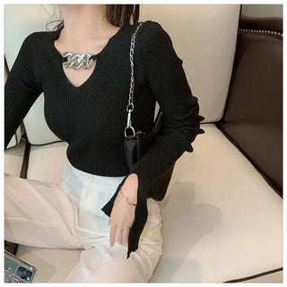 Women's Long Sleeve Black Croptop Knitted Sweater Sexy Party Slim Shirt Cropped Tops Korean Fashion Elegant Office Ladies ALODIA STORE