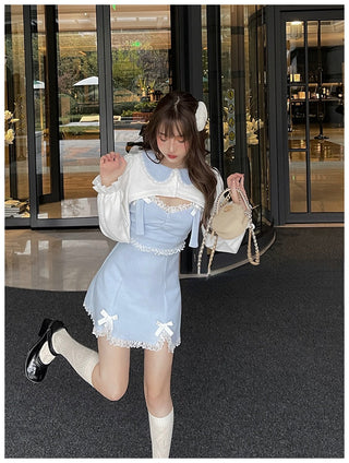 Japanese Kawaill Lolita Dress Women Bow Pink Party Mini Fashion 2 Piece Dress Set 2023 Summer ALODIA STORE