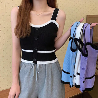 Fashion Summer Halter Off Shoulder Knitted Korean Sport Tank Crop Ribber Y2k Ropa De Mujer Croptop Cami Button Patchwork Ins Top ALODIA STORE