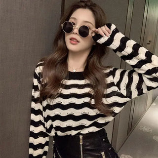 Women's Long Sleeve Striped Croptop Knitted Sweater Sexy Slim Shirt Cropped Tops Korean Fashion Spring Summer Vintage Clothing ALODIA STORE