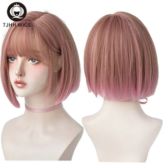 7JHH WIGS Short Bob Straight Ombre Blonde Wigs With Bang For Girl Black Female Synthetic Shoulder Length Crochet Hair Ginger Wig ALODIA STORE