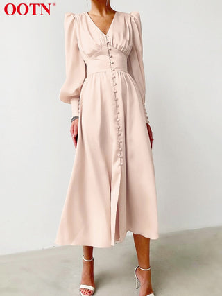 OOTN White Single Breasted Elegant Dress For Women Party Robe High Waist Satin Long Dress Chic Midi Dresses Lantern Sleeve ALODIA STORE