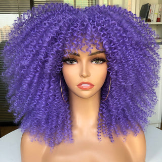 16''Short Hair Afro Kinky Curly Wig With Bangs For Black Women Cosplay Lolita Synthetic Natural Glueless Brown Mixed Blonde Wigs ALODIA STORE
